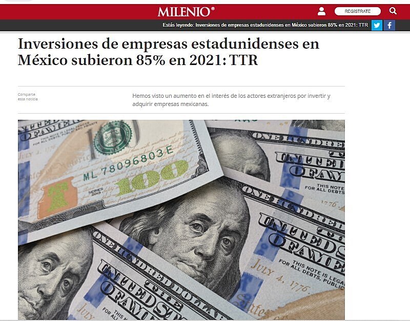 Inversiones de empresas estadunidenses en Mxico subieron 85% en 2021: TTR